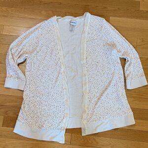 Chico’s Sequin Knit Cardigan Cream Gold Open Front Size 3 (XL) Lightweight